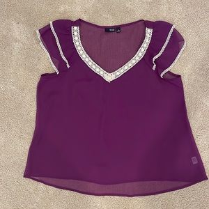 a.n.a. A New Approach purple see-through thin top with cream lacy trim